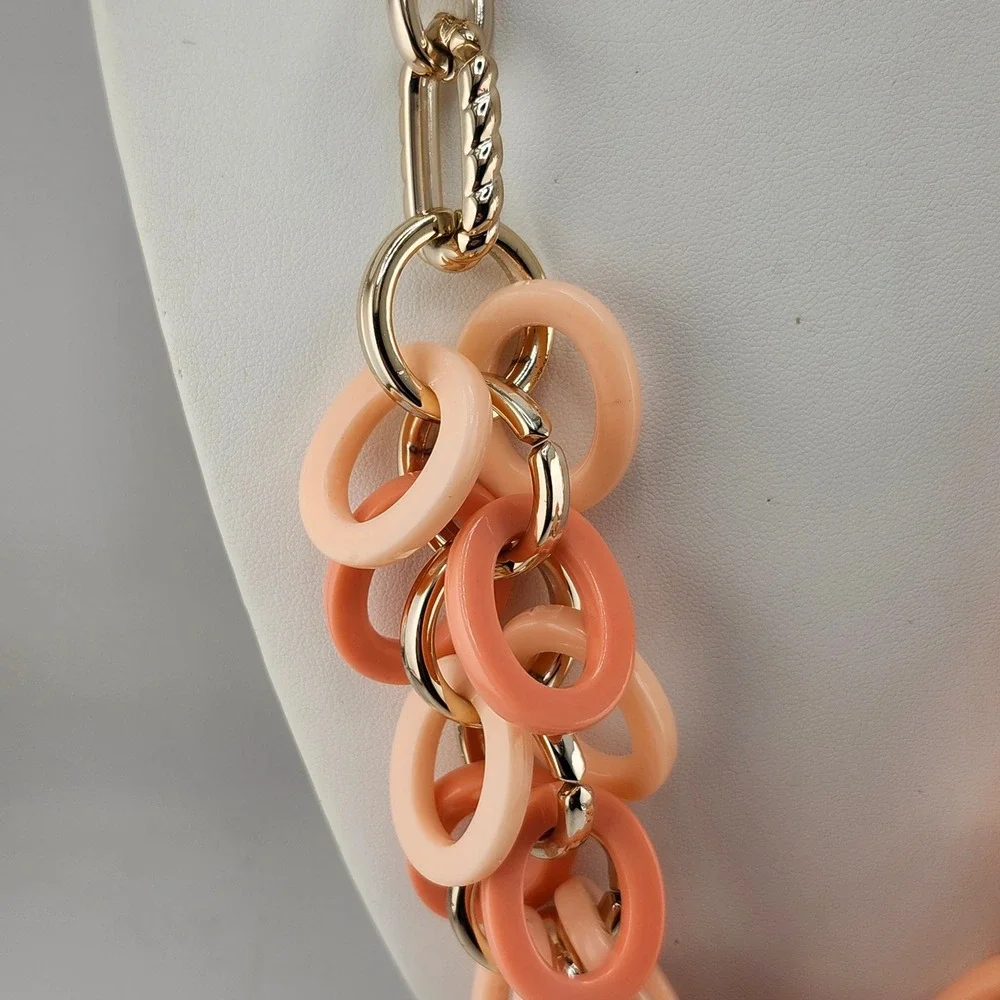 Gold Chunky Link Necklace With Orange Peach Resin Ring‎ Dangles Statement
